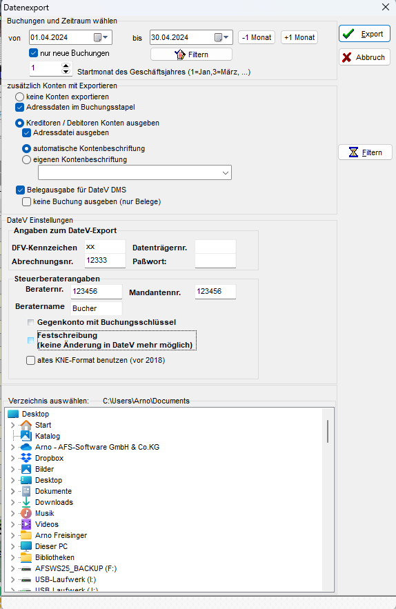 DateV Export Einstellungen