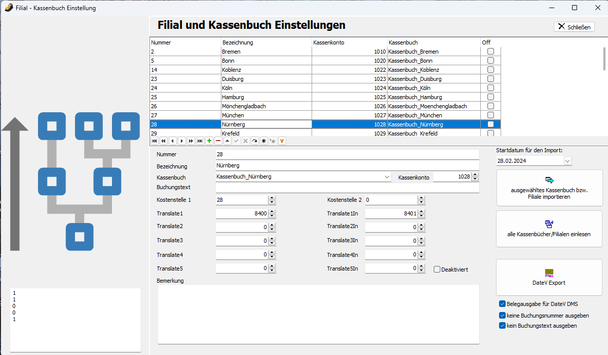 Filial- und Kassenbuch-Einstellungen